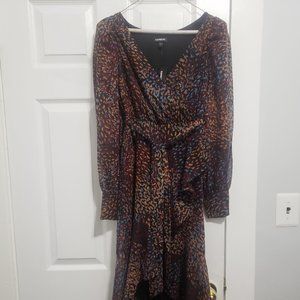 NWT EXPRESS metallic printed faux wrap ruffle hi-lo maxi dress